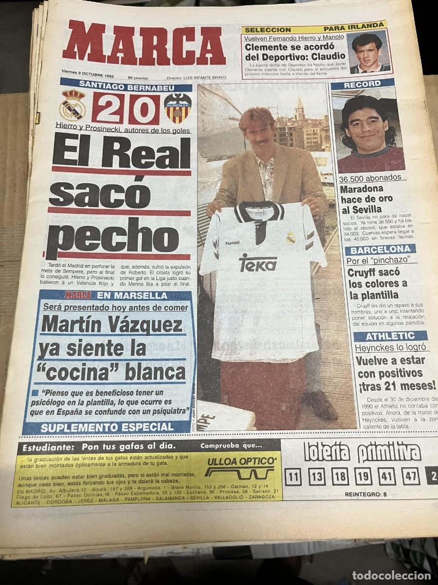 Coleccionismo deportivo: MARCA (9-10-1992) MARTIN VAZQUEZ REAL MADRID 2-0 VALENCIA ESPA&Ntilde;A IRLANADA CLEMENTE CLAUDIO MARADONA