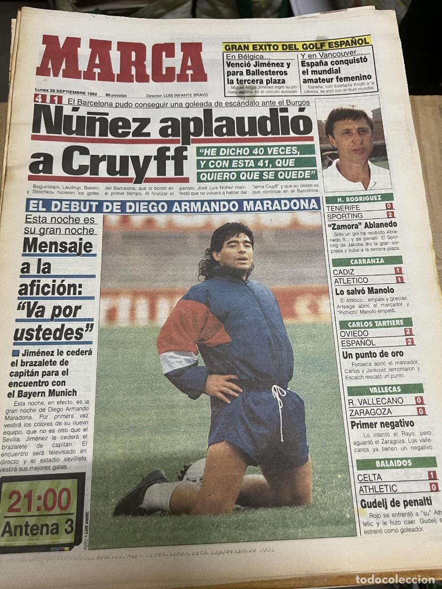 Coleccionismo deportivo: MARCA (28-9-1992) HOY DEBUT MARADONA SEVILLA BAYERN MUNCHEN BARCELONA 4-1 BURGOS CRUYFF GOLF