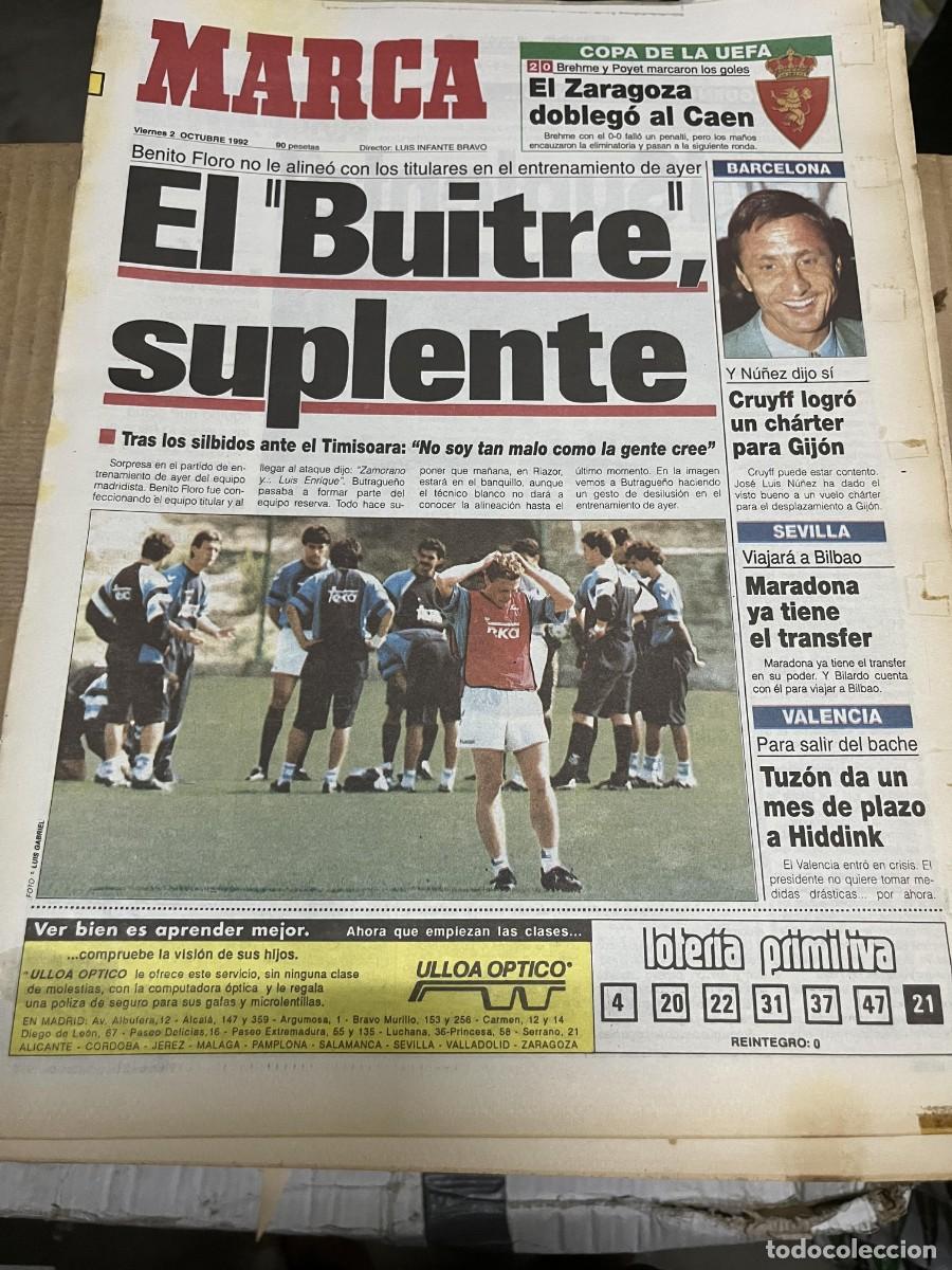 Coleccionismo deportivo: MARCA (2-10-1992) BUTRAGUE&Ntilde;O CRUYFF BENITO FLORO ZARAGOZA 2-0 FREM TUZON VALENCIA