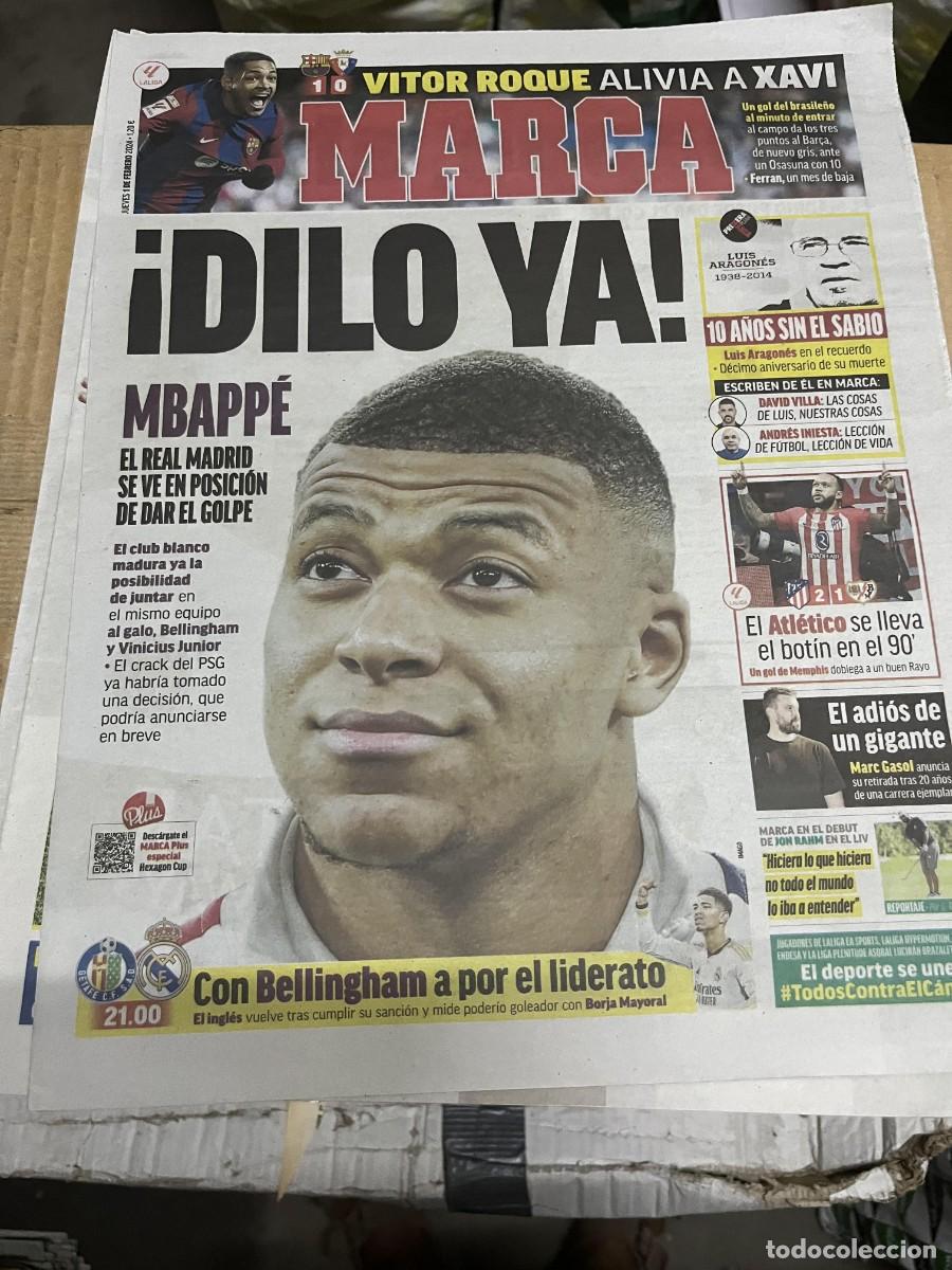 Coleccionismo deportivo: MARCA (1-2-2024) MBAPPE REAL MADRID BARCELONA 1-0 OSASUNA VITOR ROQUE ATLETICO 2-1 RAYO