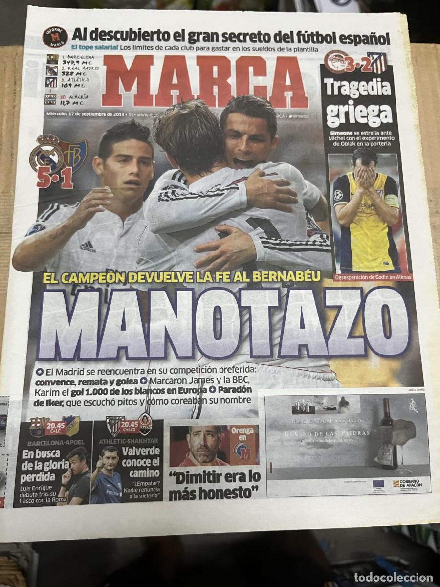Coleccionismo deportivo: MARCA (17-9-2014) OLYMPIACOS 3-2 ATLETICO MADRID REAL MADRID 5-1 BASEL BASILEA BARCELONA APOEL