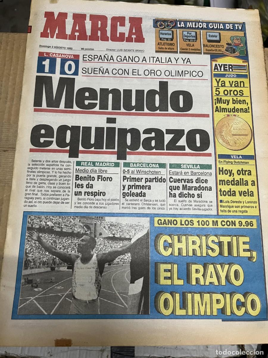 Coleccionismo deportivo: MARCA (2-8-1992) OLIMPIADAS ESPA&Ntilde;A 1-0 ITALIA FUTBOL ORO JUDO ALMUDENA MU&Ntilde;OZ LINFORD CHRISTIE