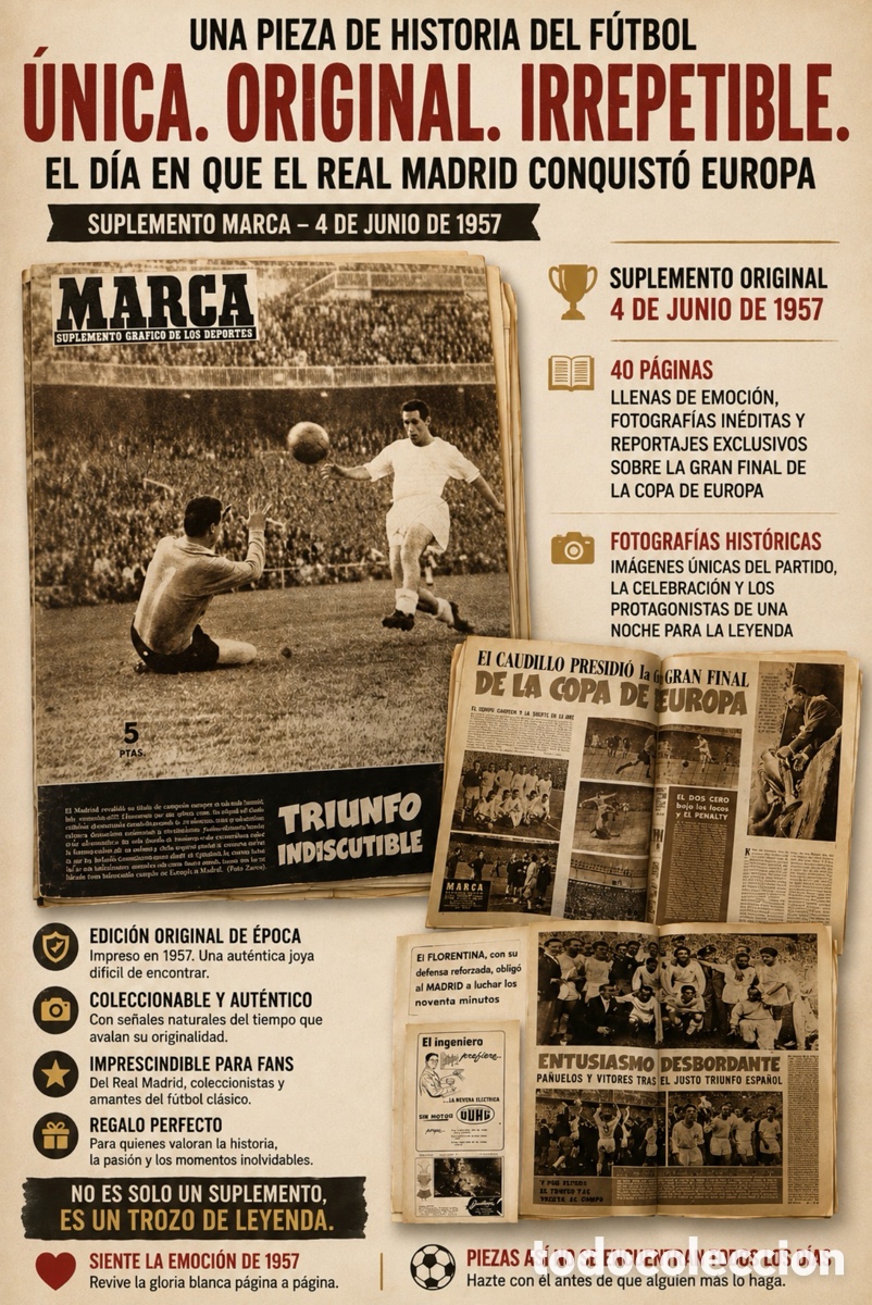 Coleccionismo deportivo: MARCA N&ordm; 757 ( 04-06-1957 ) REAL MADRID v FIORENTINA FINAL COPA EUROPA