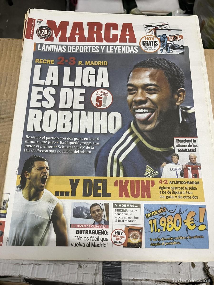 Coleccionismo deportivo: MARCA (2-3-2008) ROBINHO RECREATIVO HUELVA 2-3 REAL MADRID ATLETICO 4-2 BARCELONA KUN AGUERO