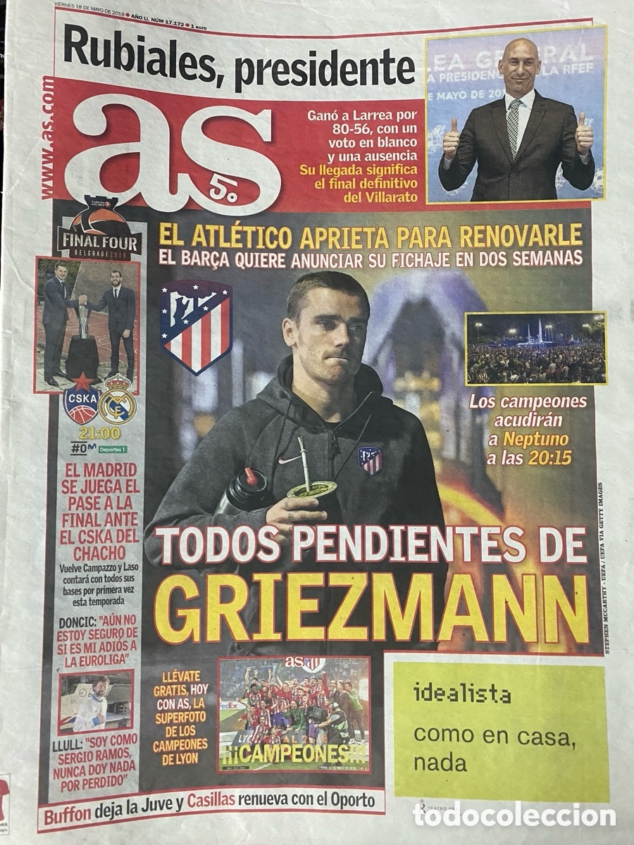 Coleccionismo deportivo: AS 18/05/2018 Rubiales presidente RFEF peri&oacute;dico original f&uacute;tbol