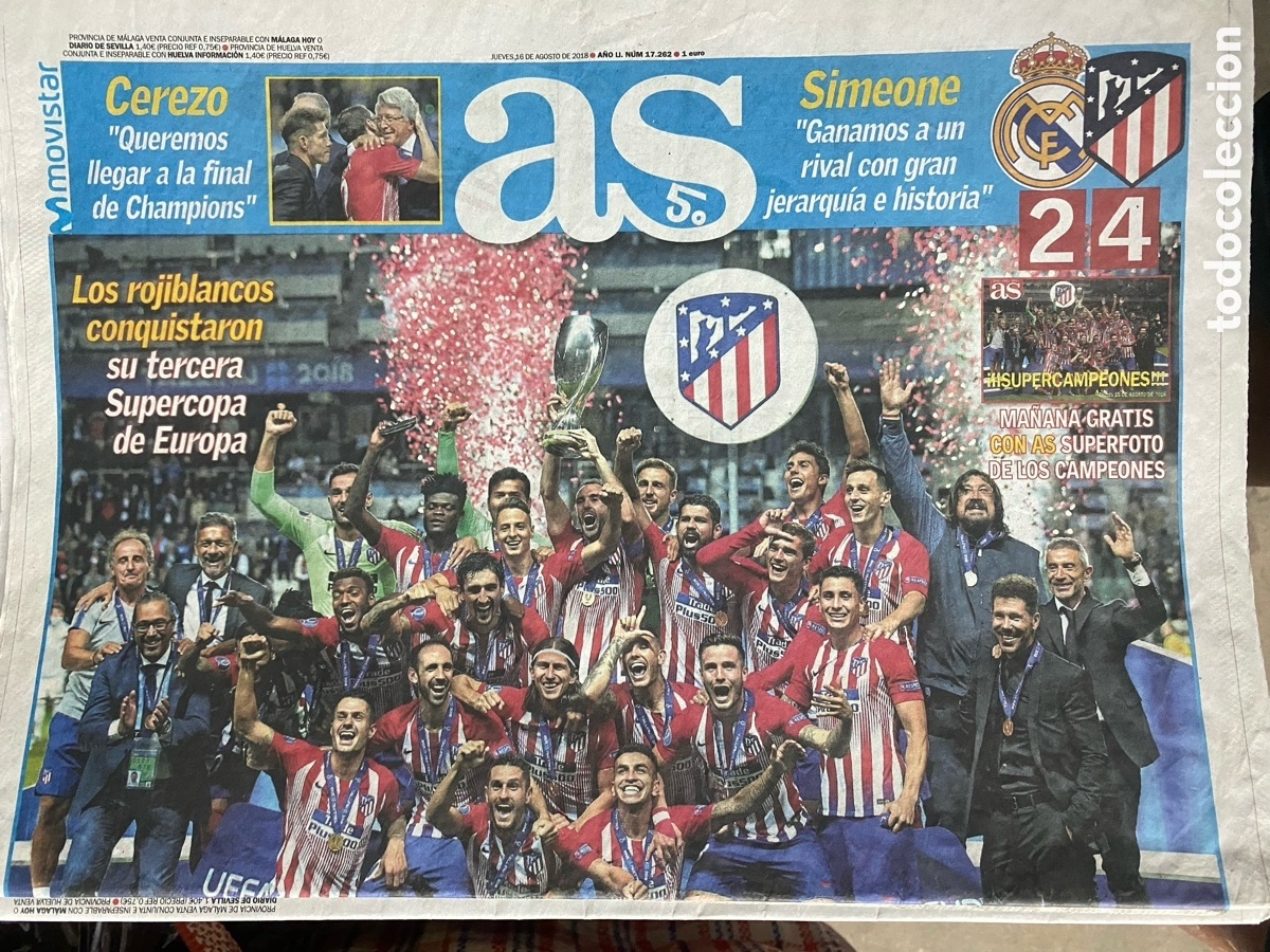 Coleccionismo deportivo: AS 16/08/2018 Atl&eacute;tico campe&oacute;n Supercopa Europa 4-2 Real Madrid Simeone
