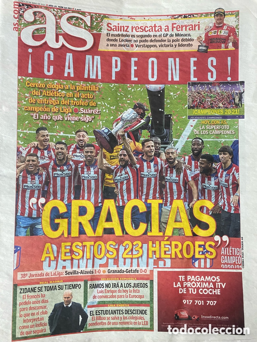 Coleccionismo deportivo: AS 24/05/2021 Atl&eacute;tico Madrid campe&oacute;n Liga 2020-21 Simeone peri&oacute;dico