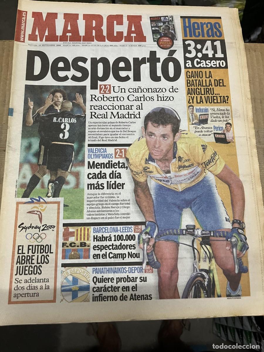 Coleccionismo deportivo: MARCA (13-9-2000) SPORTING PORTUGAL 2-2 REAL MADRID VALENCIA 2-1 OLYMPIAKOS HOY BARCELONA LEEDS