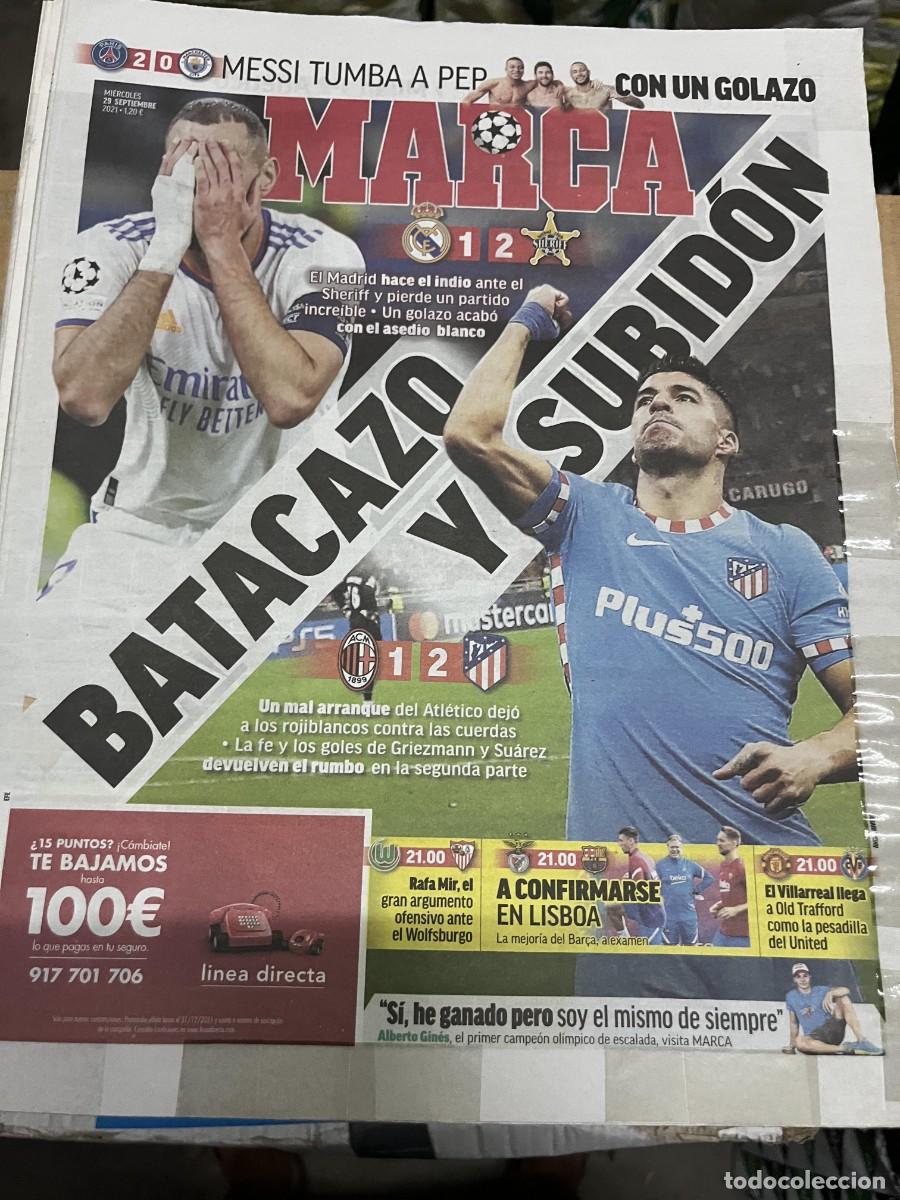 Coleccionismo deportivo: MARCA (29-9-2021) REAL MADRID 1-2 SHERIFF MILAN 1-2 ATLETICO BENFICA BARCELONA UNITED VILLARREAL