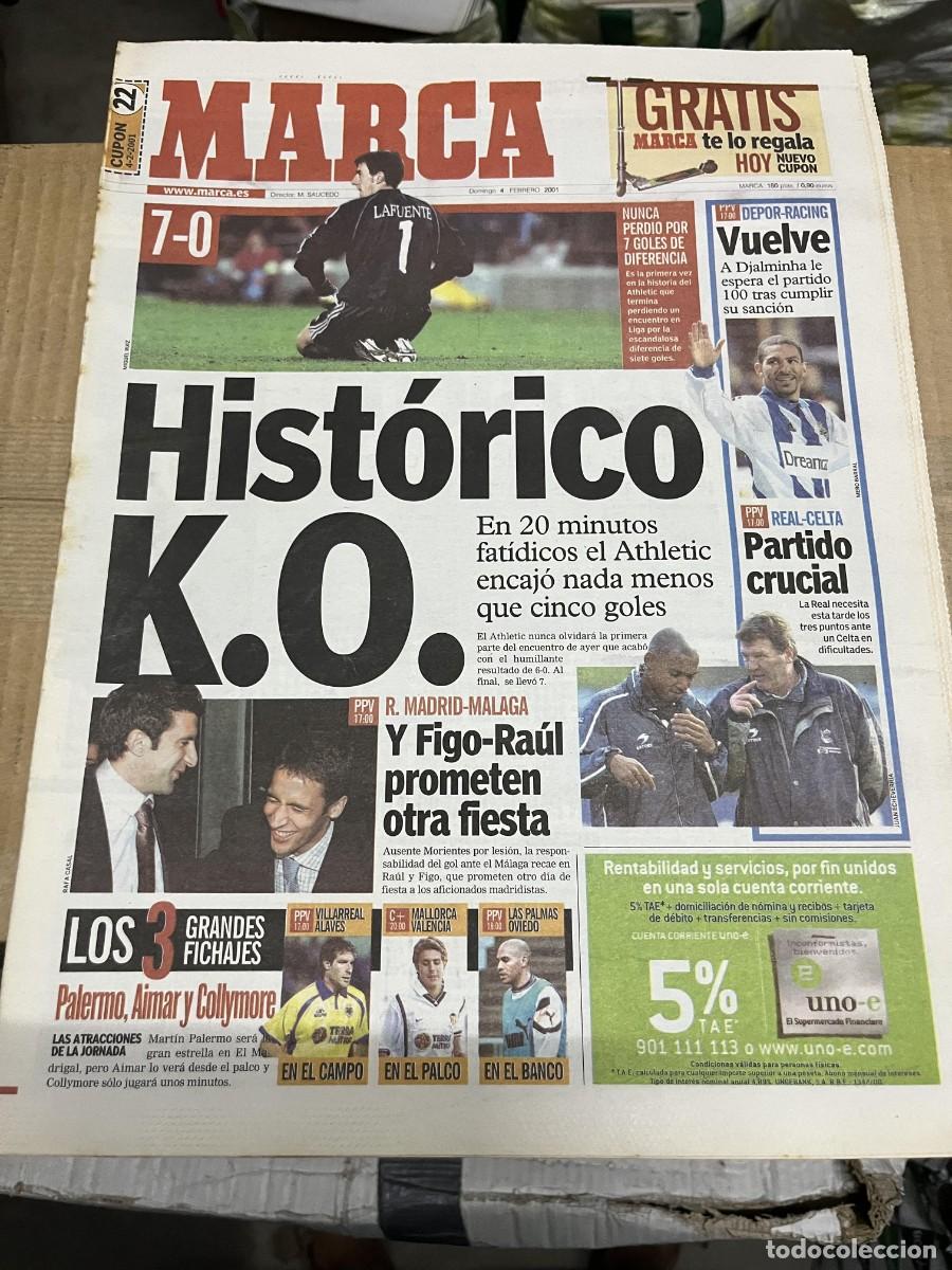 Coleccionismo deportivo: MARCA (4-2-2001) GOLEADA BARCELONA 7-0 ATHLETIC BILBAO REAL MADRID MALAGA R.SOCIEDAD CELTA