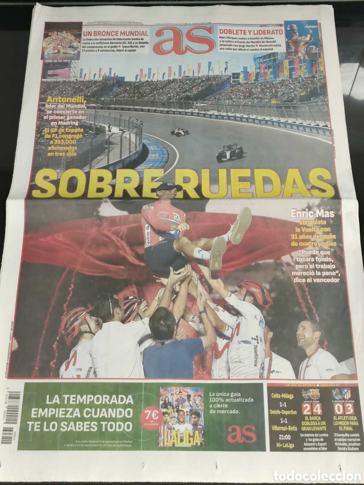 Coleccionismo deportivo: Peri&oacute;dico AS 14/09 Espa&ntilde;a Bronce mundial Enric Mas campe&oacute;n
