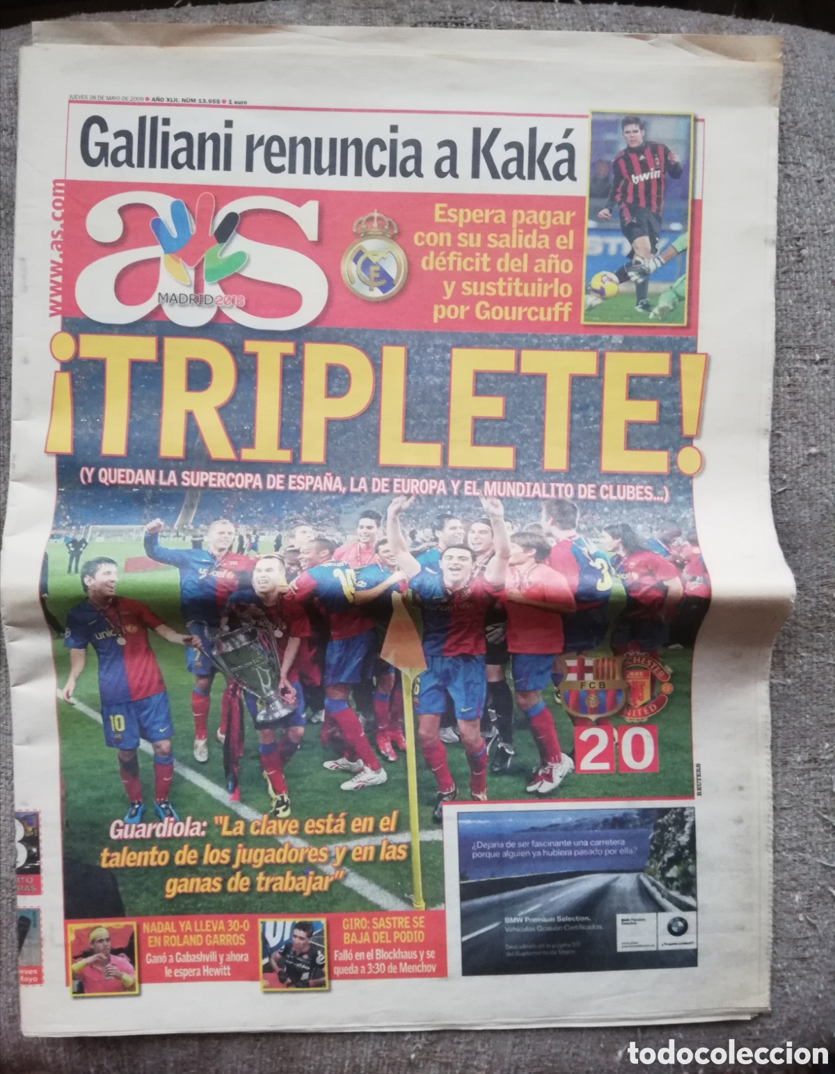 Coleccionismo deportivo: Peri&oacute;dico As. Triplete F. C. Barcelona. 28 de mayo de 2009