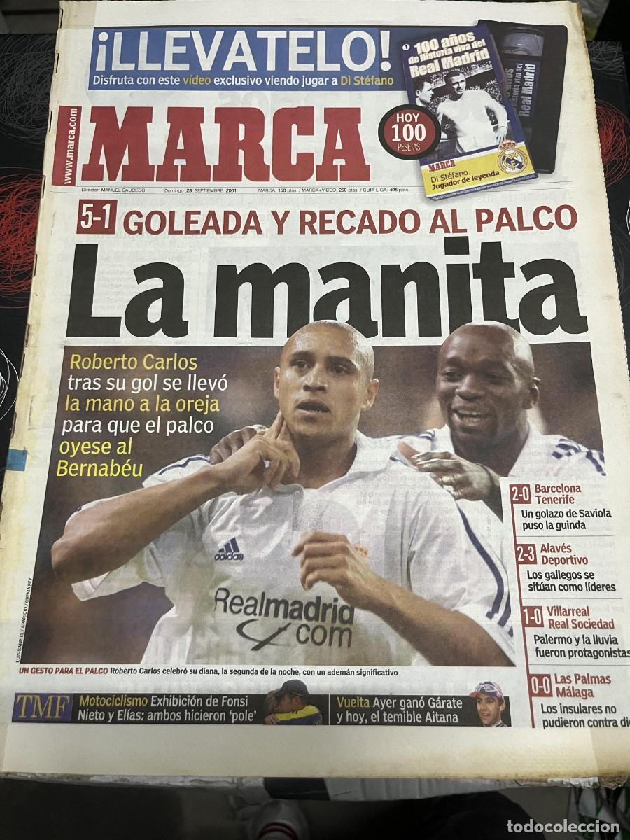 Coleccionismo deportivo: MARCA (23-9-2001) REAL MADRID 5-1 ESPANYOL ROBERTO CARLOS BARCELONA 2-0 TENERIFE JORNADA LIGA GASOL