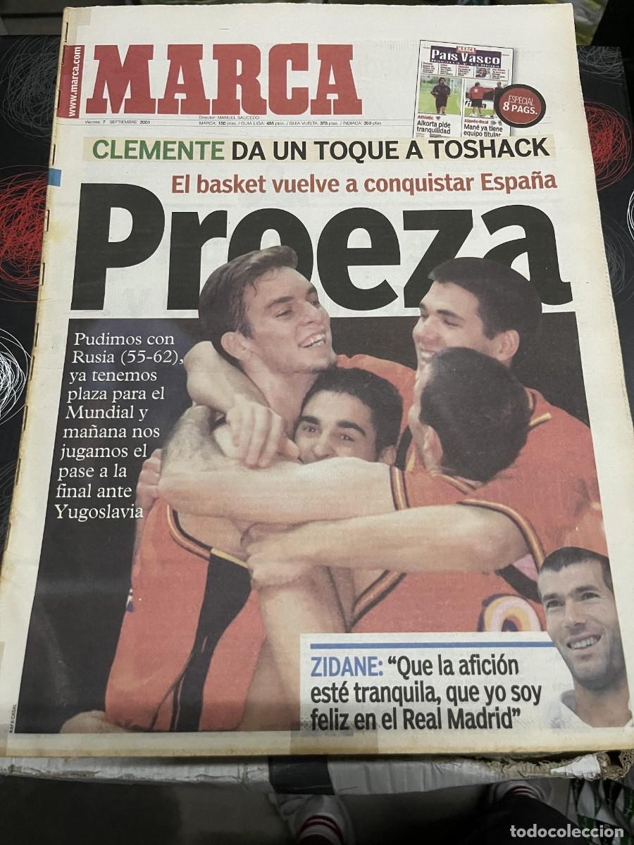Coleccionismo deportivo: MARCA (7-9-2001) BALONCESTO RUSIA 55-62 ESPA&Ntilde;A PAU GASOL JAVIER CLEMENTE TOSHACK ZIDANE