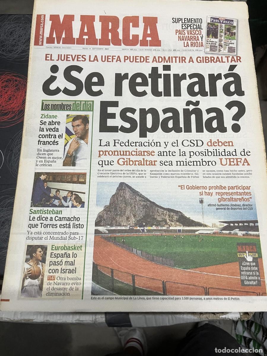 Coleccionismo deportivo: MARCA (4-9-2001) GIBRALTAR MIEMBRO UEFA ESPA&Ntilde;A ZIDANE SANTISTEBAN EUROBASKET ESPA&Ntilde;A ISRAEL