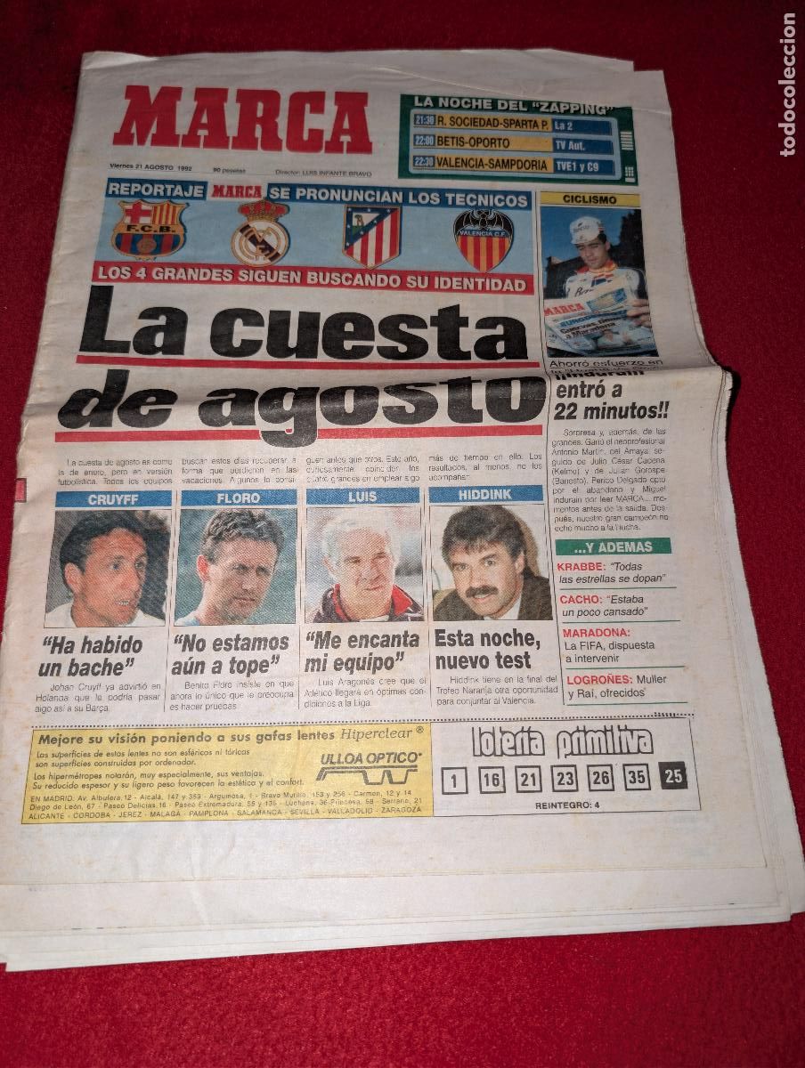 Coleccionismo deportivo: PERIODICO PRENSA agosto 1992 MARCA zona norte CRUYFF FLORO HEYNCKES BILBAO