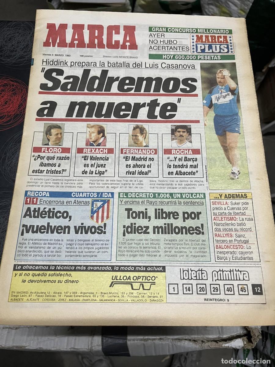 Coleccionismo deportivo: MARCA (5-3-1993) HIDDINK VALENCIA REAL MADRID RECOPA OLYMPIAKOS 1-1 ATLETICO MADRID
