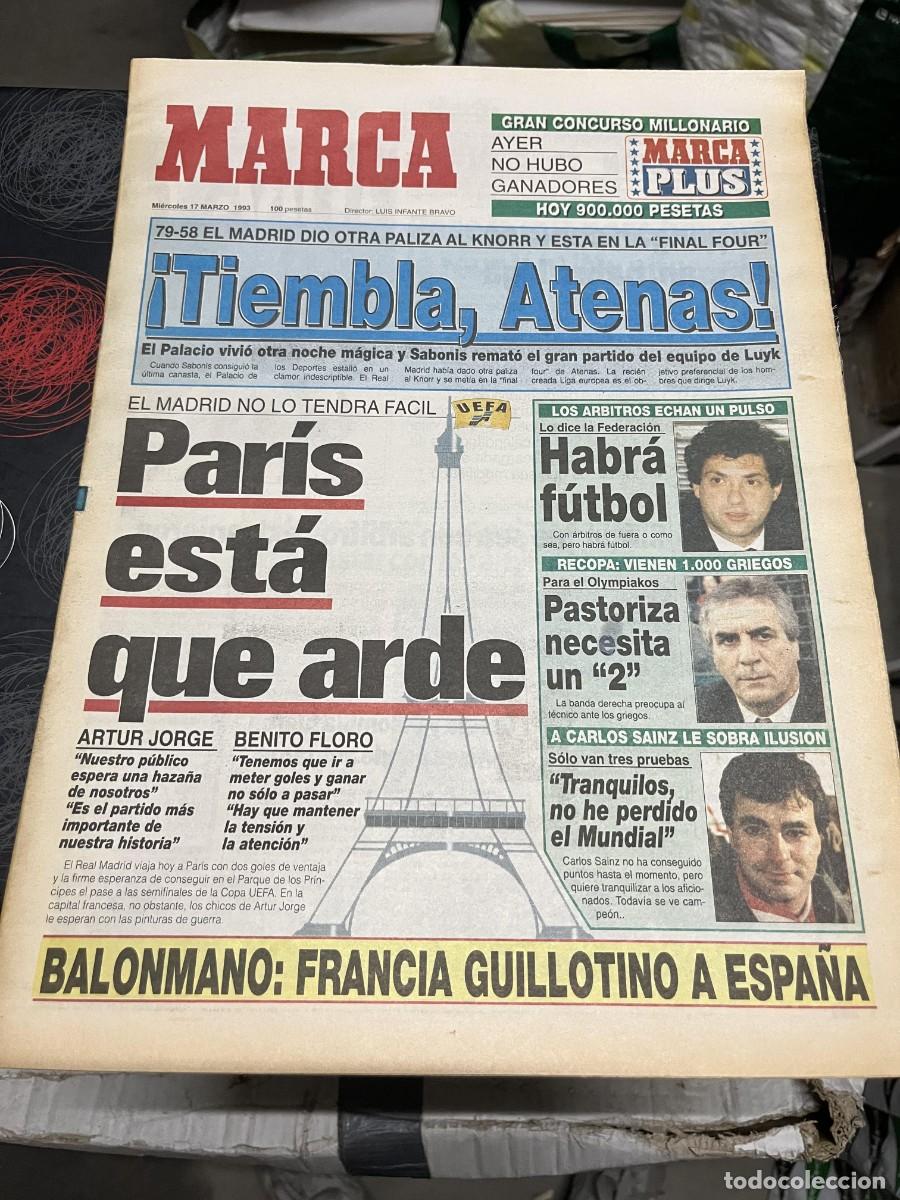 Coleccionismo deportivo: MARCA (17-3-1993) BALONCESTO REAL MADRID 79-58 KNORR BOLONIA SABONIS PSG CARLOS SAINZ