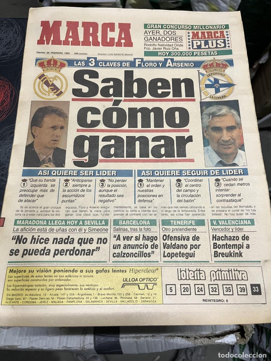 Coleccionismo deportivo: MARCA (26-2-1993) REAL MADRID DEPORTIVO CORU&Ntilde;A BENITO FLORO LENDOIRO MARADONA SEVILLA