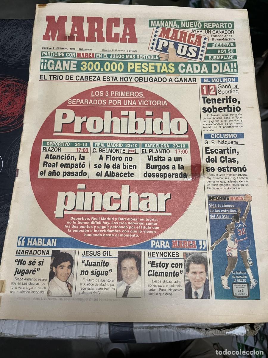 Coleccionismo deportivo: MARCA (21-2-1993) SEVILLA MARADONA JESUS GIL HEYNCKES ALL STARS NBA ESCARTIN GIJON 1-2 TENERIFE