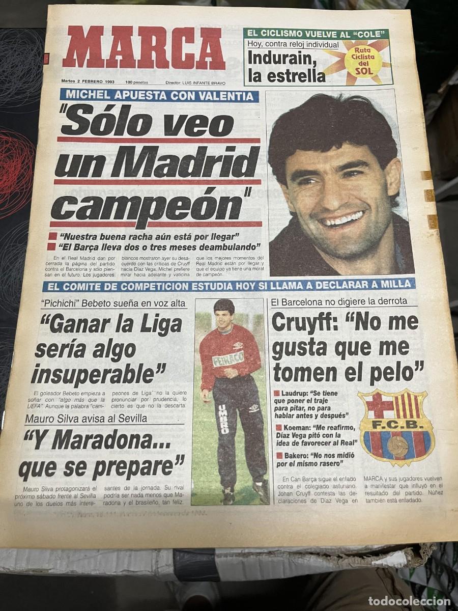 Coleccionismo deportivo: MARCA (2-2-1993) MICHEL BEBETO CRUYFF BARCELONA REAL MADRID DEPORTIVO CORU&Ntilde;A MARADONA