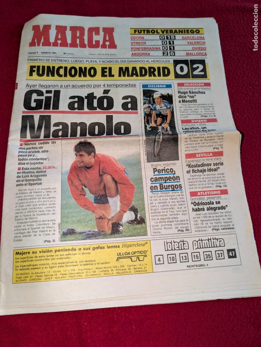 Coleccionismo deportivo: PERIODICO PRENSA agosto 1991 MARCA zona norte MADRID HUGO SANCHEZ FERMIN CACHO BIRIUKOV INDURAIN