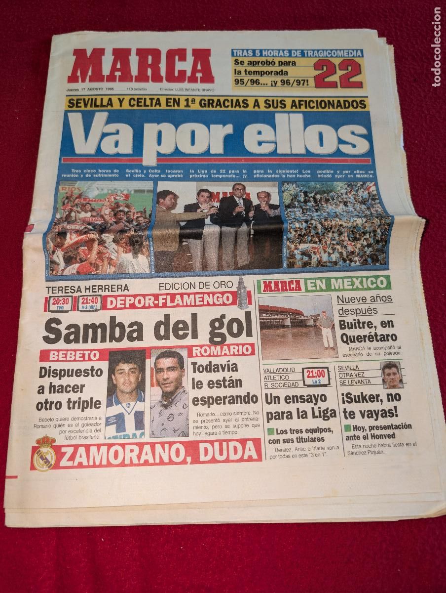 Coleccionismo deportivo: PERIODICO PRENSA agosto 1995 MARCA zona norte LIGA de 22 CELTA+SEVILLA BEBETO ROMARIO ZUBERO