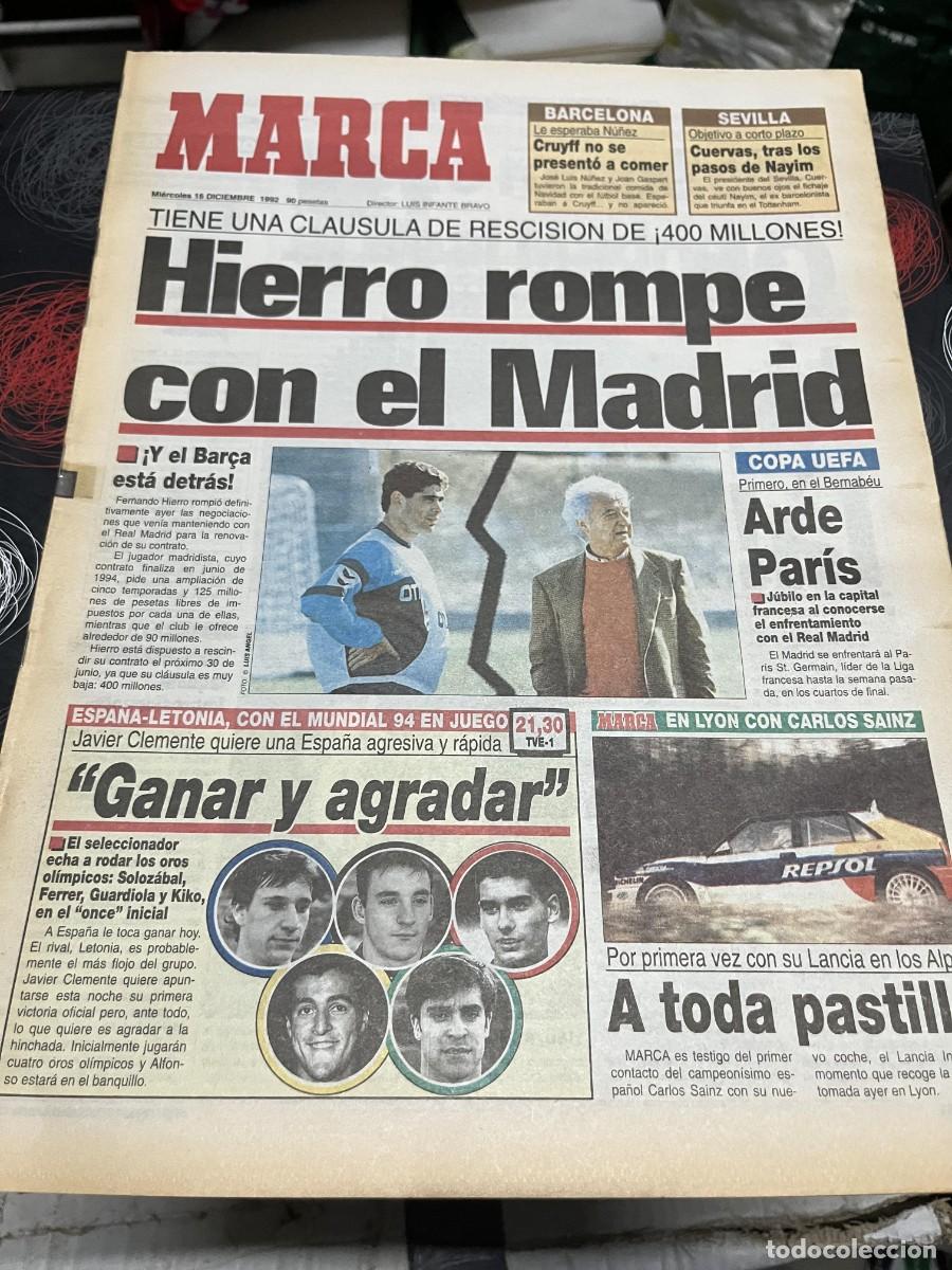 Coleccionismo deportivo: MARCA (16-12-1992) MENDOZA MICHEL REAL MADRID HOY SELECCION ESPA&Ntilde;OLA ESPA&Ntilde;A LETONIA CARLOS SAINZ