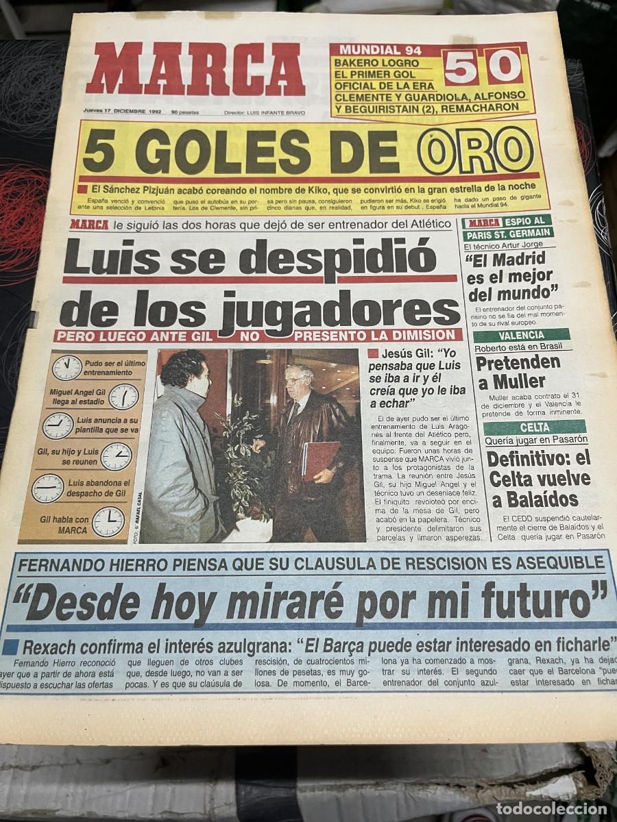Coleccionismo deportivo: MARCA (17-12-1992)ESPA&Ntilde;A 5-0 LETONIA KIKO LUIS ARAGONES ATLETICO MADRID FERNANDO HIERRO FRED COUPLES