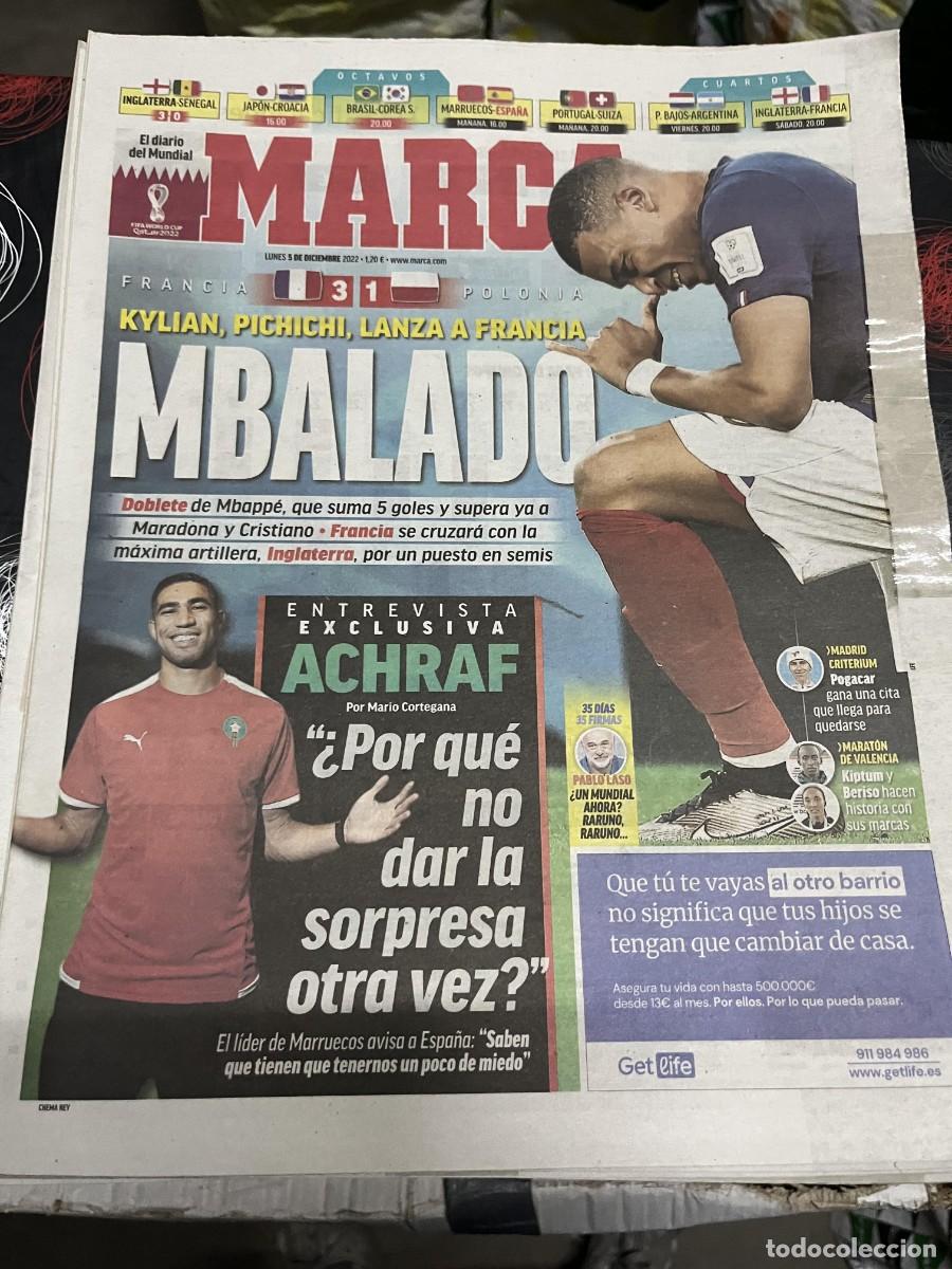 Coleccionismo deportivo: MARCA (5-12-2022) MUNDIAL FUTBOL FRANCIA 3-1 POLONIA INGLATERRA 3-0 SENEGAL ENTREVISTA ACHRAF