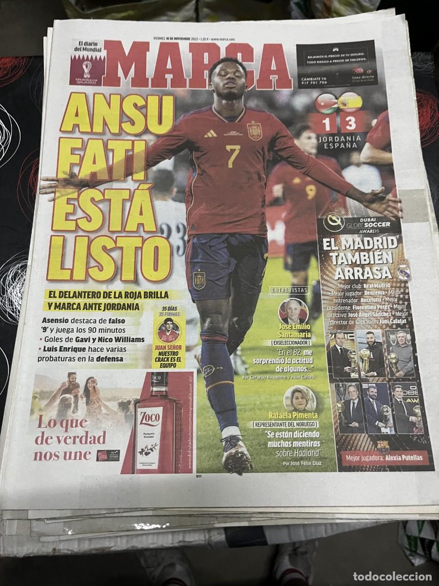 Coleccionismo deportivo: MARCA (18-11-2022) MUNDIAL QATAR ANSU FATI JORDANIA 1-3 ESPA&Ntilde;A DUBAI GLOBE SOCCER REAL MADRID