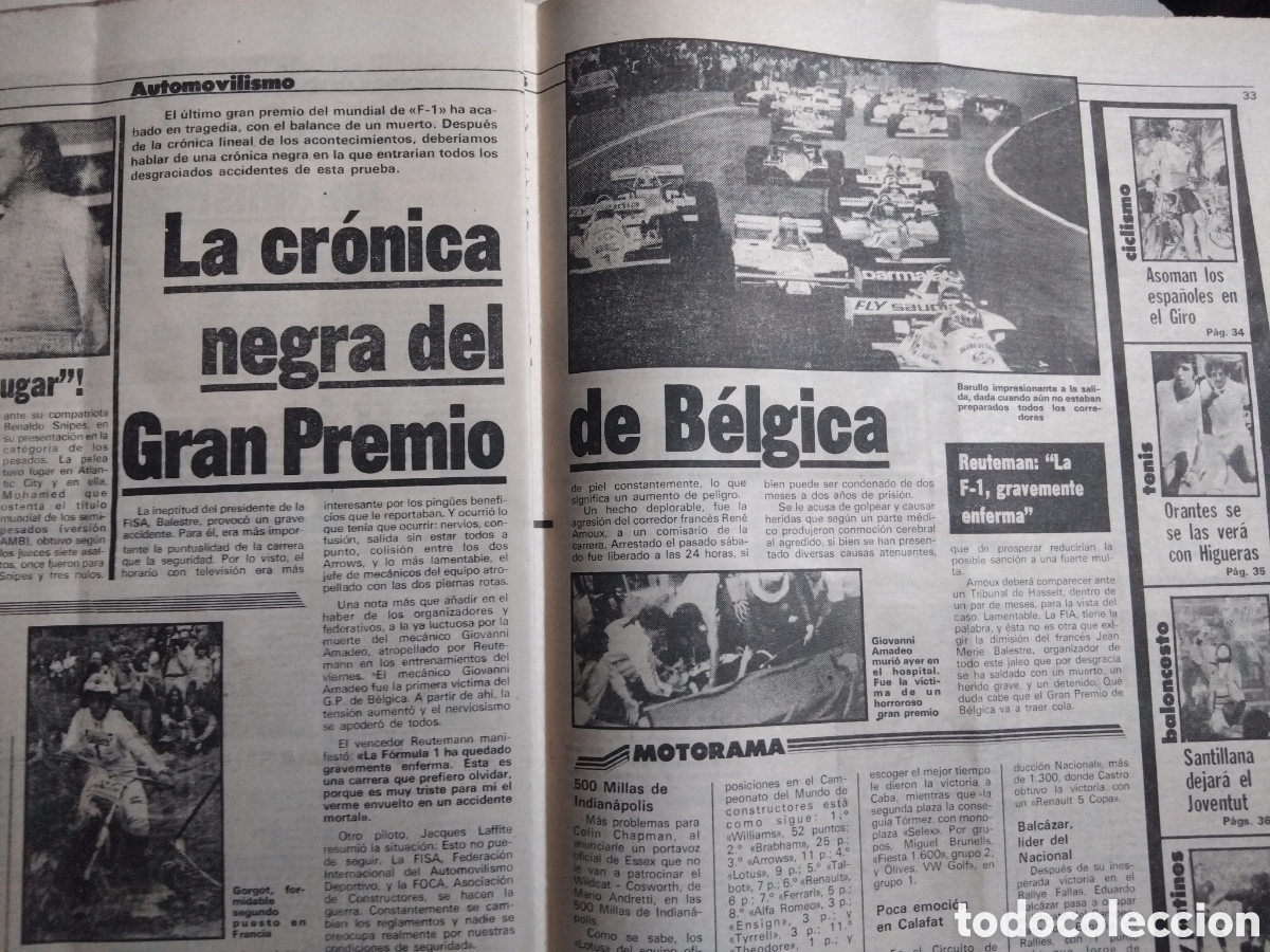 Coleccionismo deportivo: Periodico F1 Fallecimiento en GP de Belgica 1981