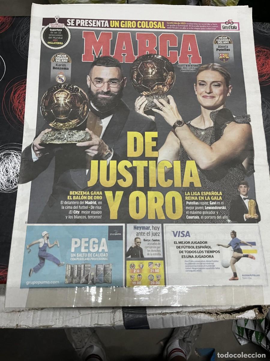 Coleccionismo deportivo: MARCA (18-10-2022) CAMPEON TROFEO BALON DE ORO BENZEMA ALEXIA PUTELLAS GAVI LEWANDOWSKI