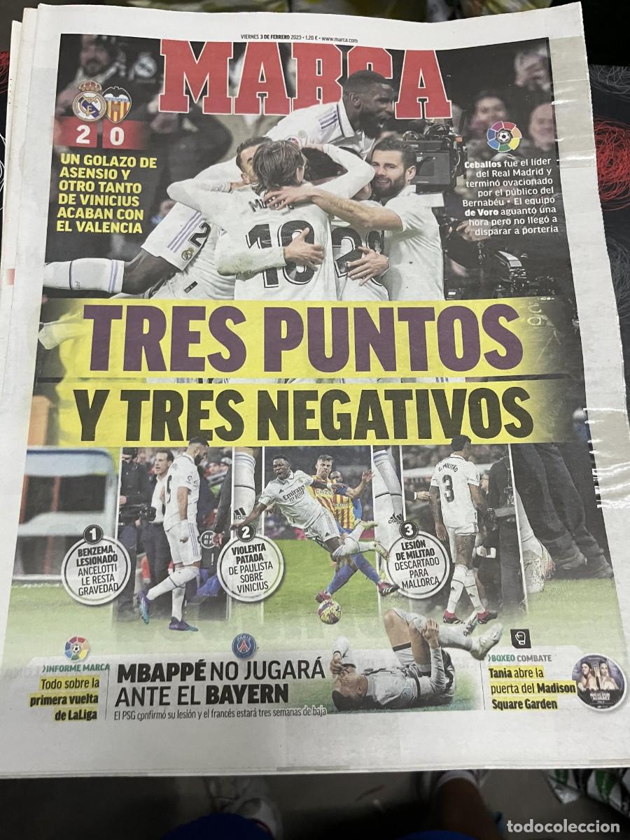 Coleccionismo deportivo: MARCA (3-2-2023) REAL MADRID 2-0 VALENCIA CEBALLOS LESION MILITAO BENZEMA MBAPPE BOXEO TANIA
