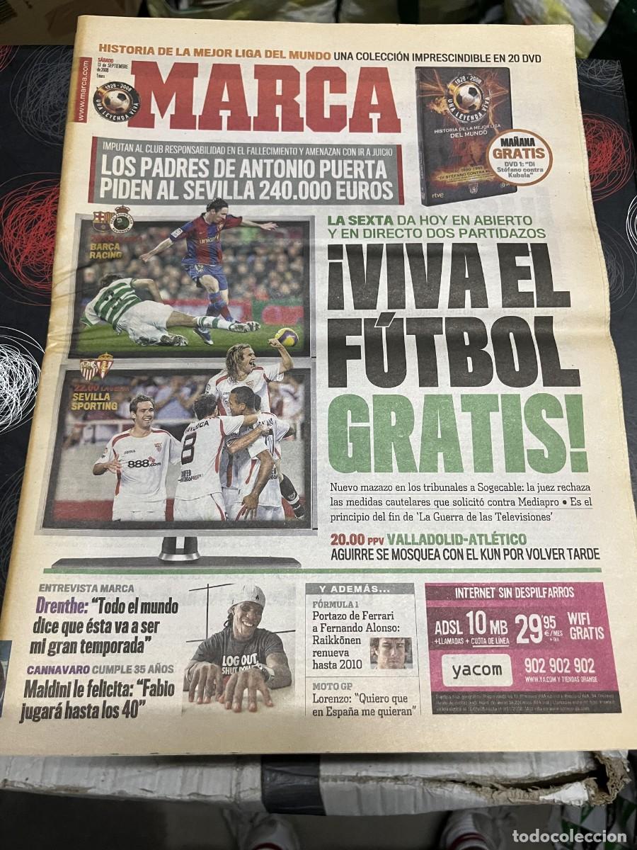 Coleccionismo deportivo: MARCA (13-9-2008) ANTONIO PUERTA BARCELONA RACING SANTANDER MESSI SEVILLA SPORTING GIJON CANNAVARO
