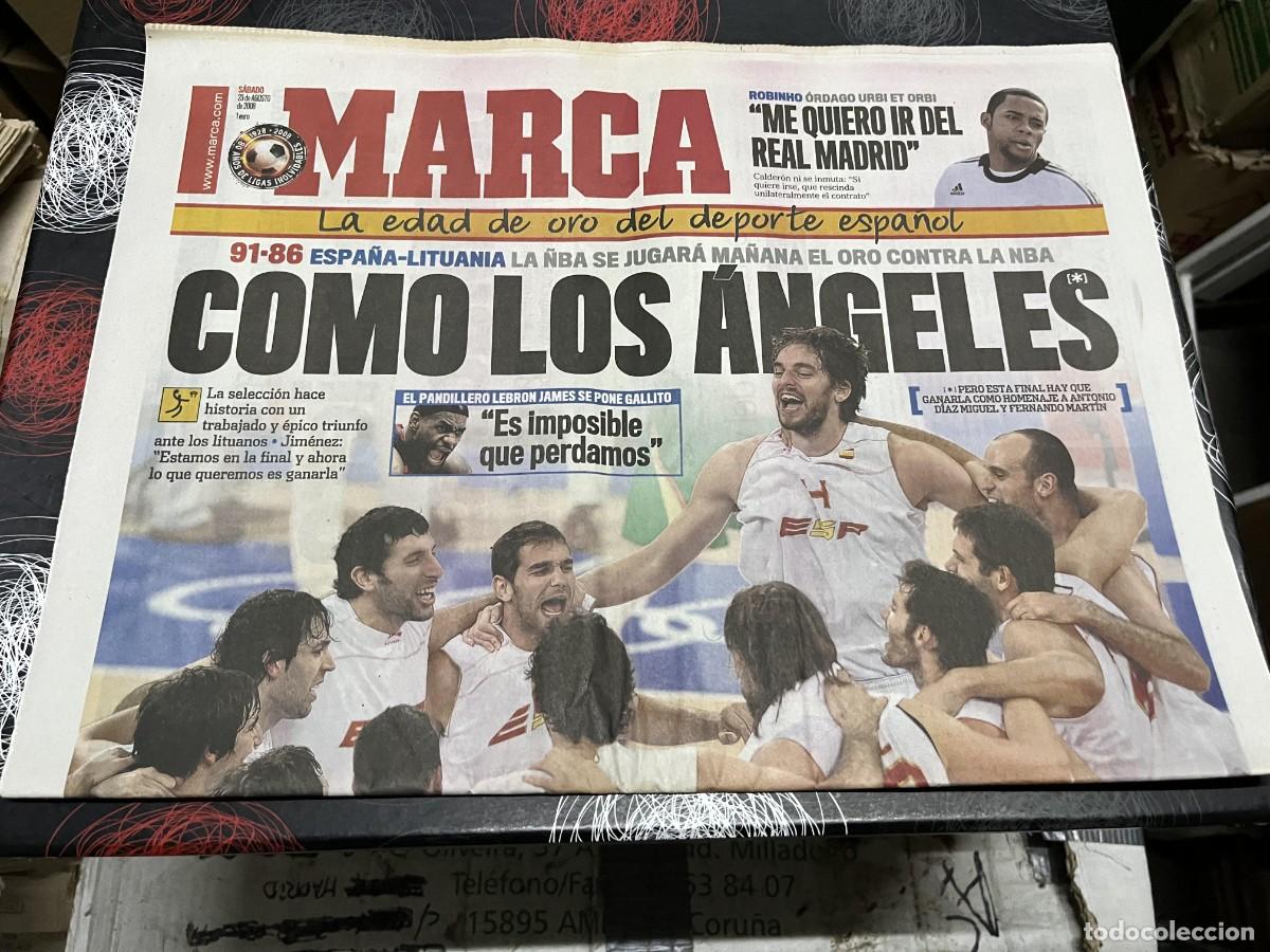 Coleccionismo deportivo: MARCA (23-8-2008) ESPA&Ntilde;A 91-86 LITUANIA BALONCESTO FINAL MA&Ntilde;ANA ROBINHO REAL MADRID DAVID CAL