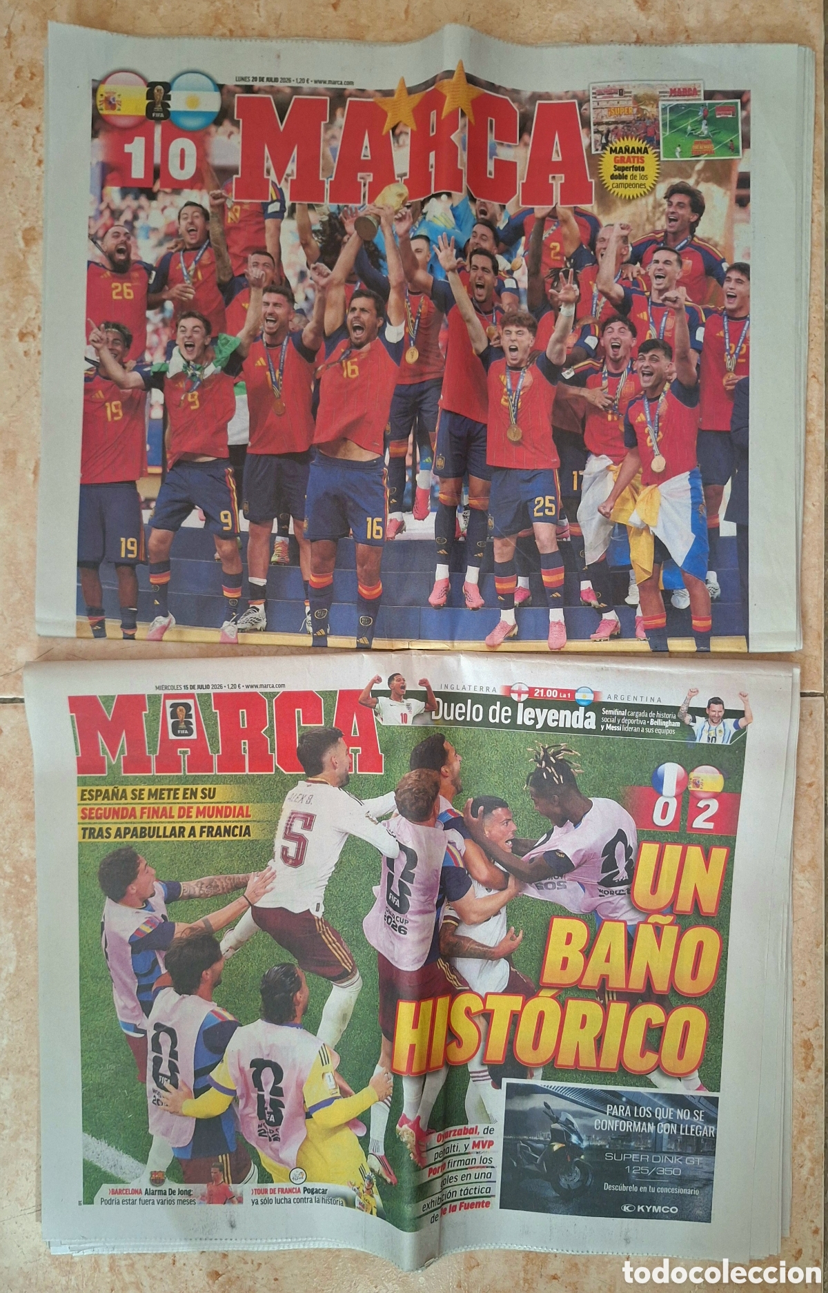 Coleccionismo deportivo: Dos Diario Marca en Espa&ntilde;a campeona mundial 2026 final y semifinal