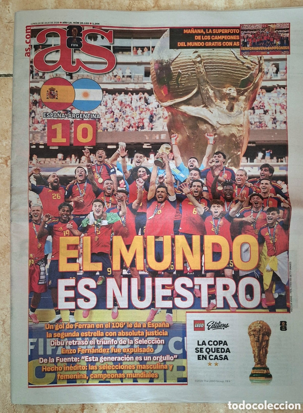 Coleccionismo deportivo: Diario AS espa&ntilde;a campeona del Mundo 2020