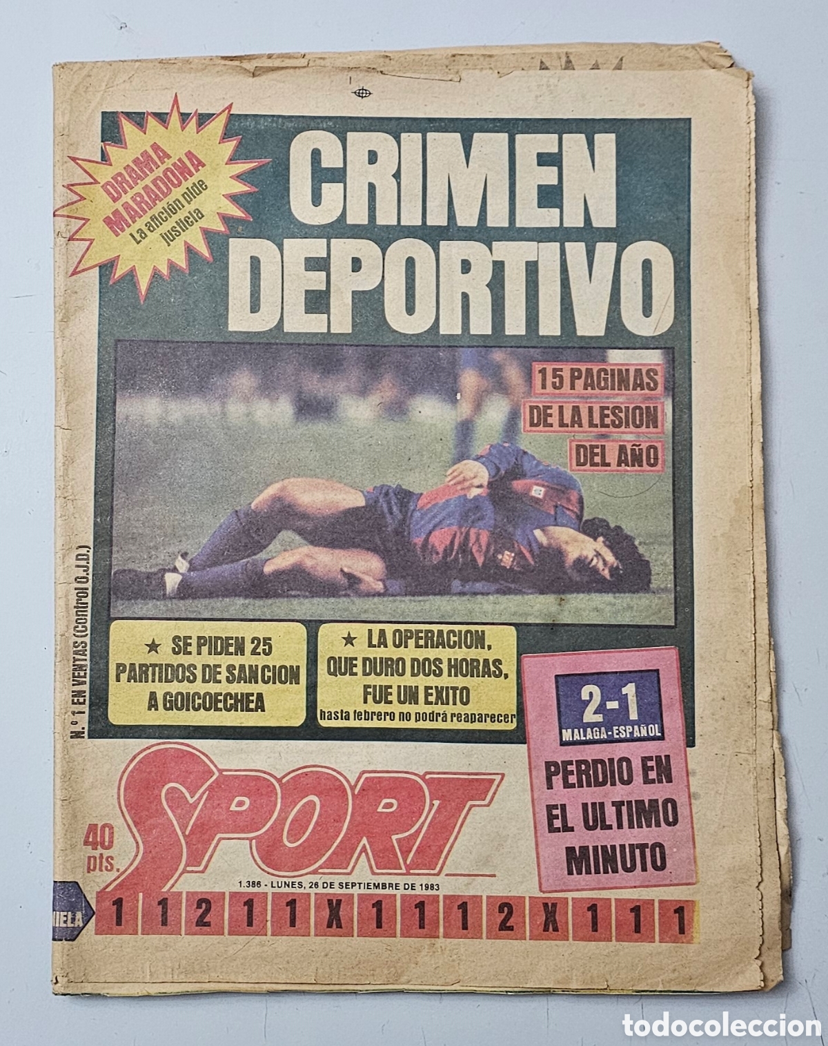 Sports collectibles: PERIODICO SPORT N&deg;1386 A&Ntilde;O 1983 CRIMEN DEPORTIVO 15 pag. de Maradona FC Barcelona Goicoechea DIFICIL