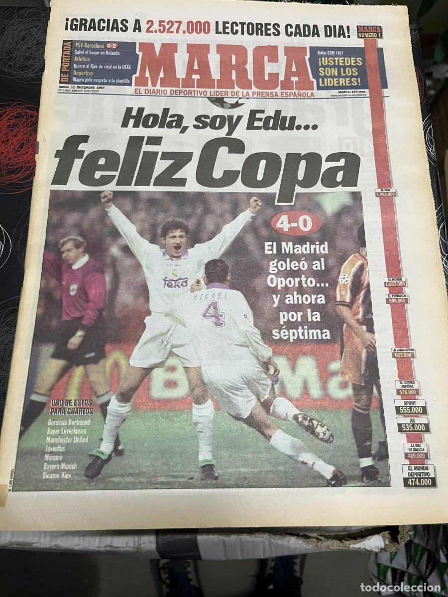 Coleccionismo deportivo: MARCA (11-12-1997) REAL MADRID 4-0 OPORTO SUKER GENTO PSV EINDHOVEN 2-2 BARCELONA RIVALDO
