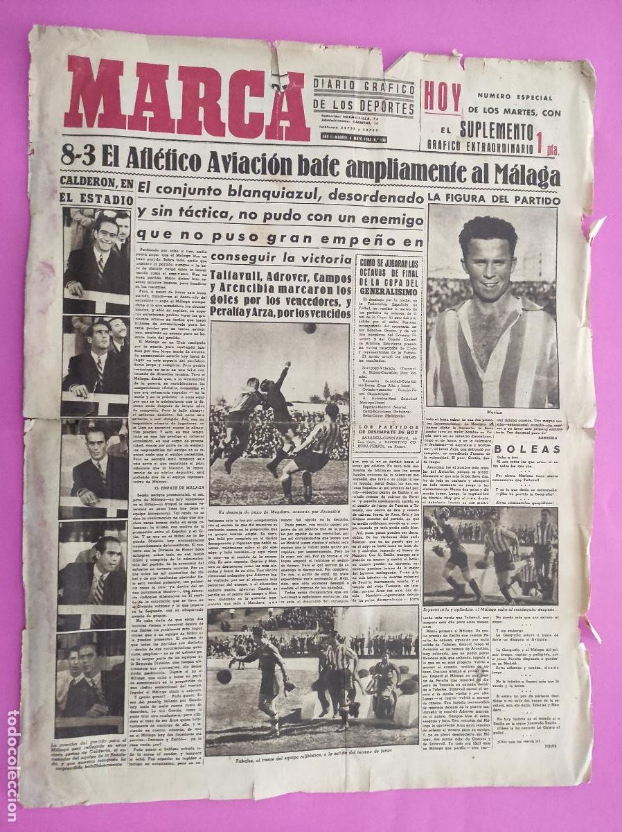 Coleccionismo deportivo: DIARIO MARCA N&ordm; 136 COPA GENERALISIMO 1943 ATLETICO AVIACION 8-3 MALAGA - XEREZ CEUTA CASTELLON