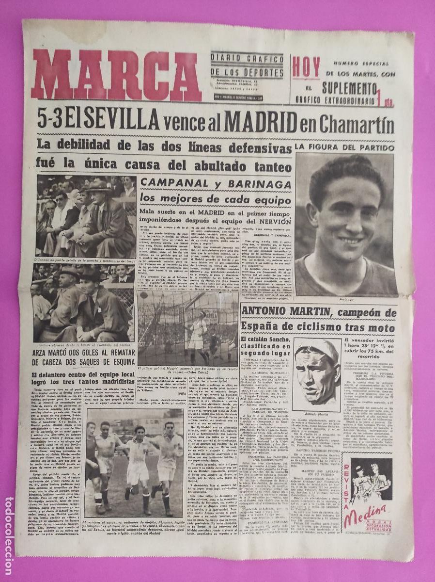 Coleccionismo deportivo: DIARIO MARCA N&ordm; 268 1943 LIGA 43 44 SEVILLA REAL MADRID CAMPANAL - REAL OVIEDO CD CASTELLON - TOROS