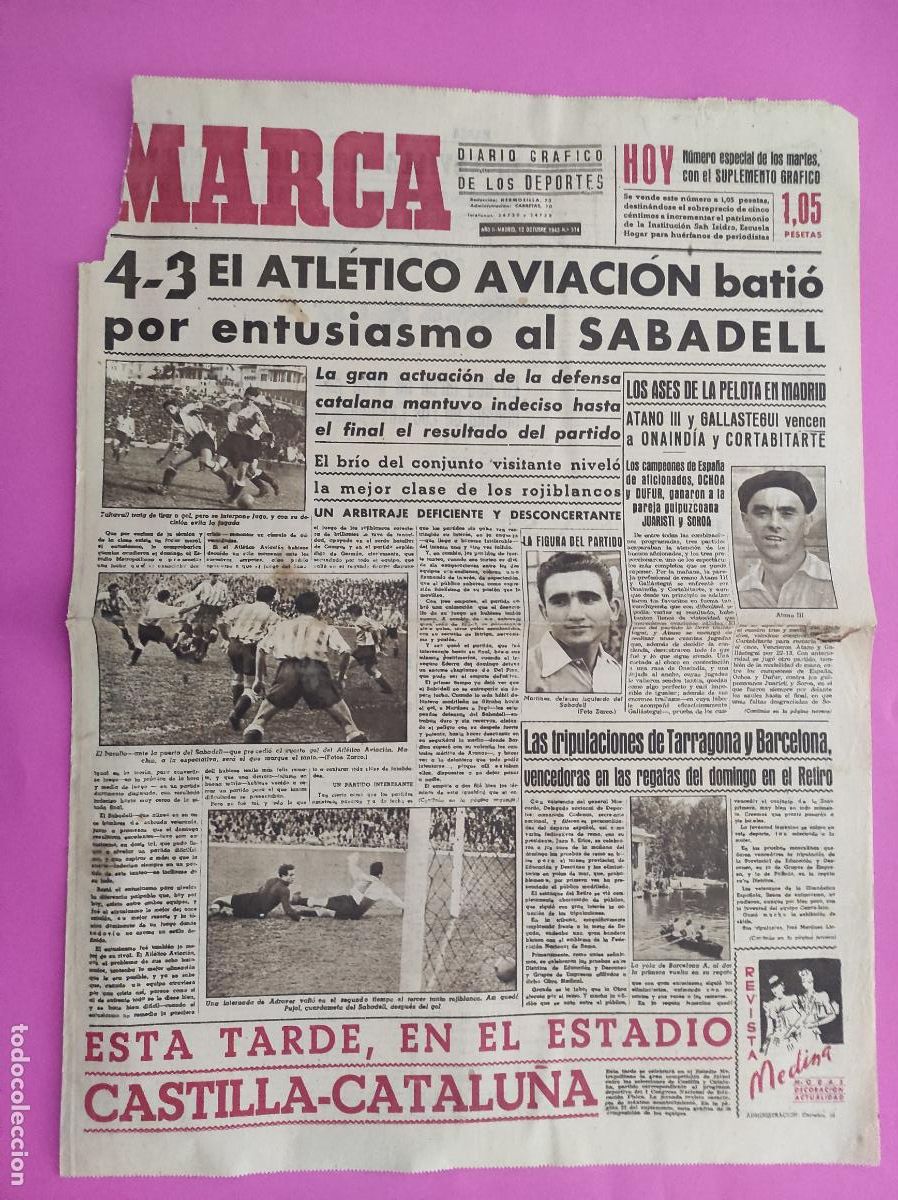 Coleccionismo deportivo: DIARIO MARCA N&ordm; 274 1943 LIGA 43 44 ATLETICO AVIACION SABADELL - SEVILLA VALENCIA - ASTURIAS