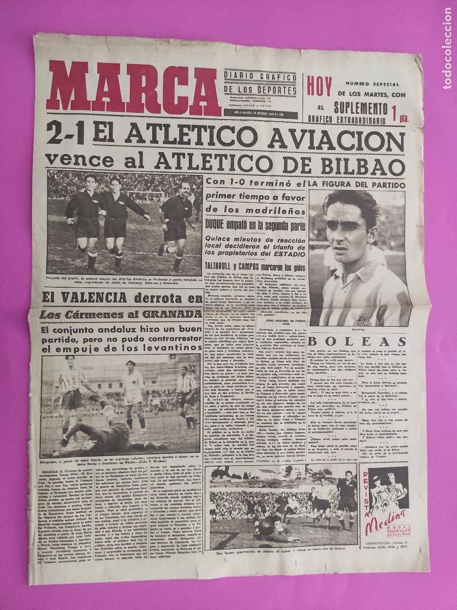 Coleccionismo deportivo: DIARIO MARCA 1943 LIGA 43 44 ATLETICO AVIACION - GRANADA VALENCIA - CASTELLON RCD ESPANYOL OVIEDO