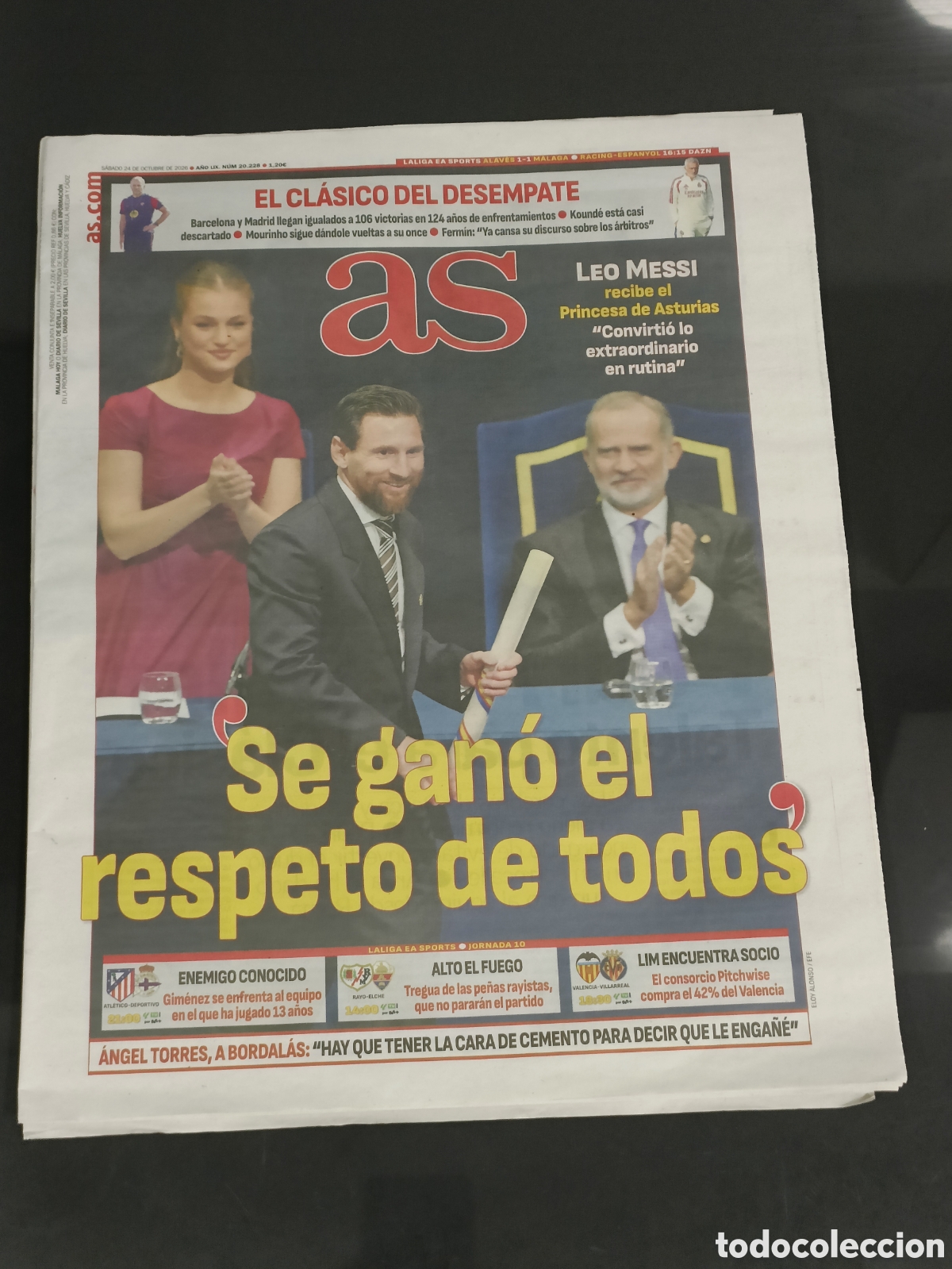 Coleccionismo deportivo: Peri&oacute;dico Hist&oacute;rico AS Messi premio princesa de Asturias 24 octubre 2026