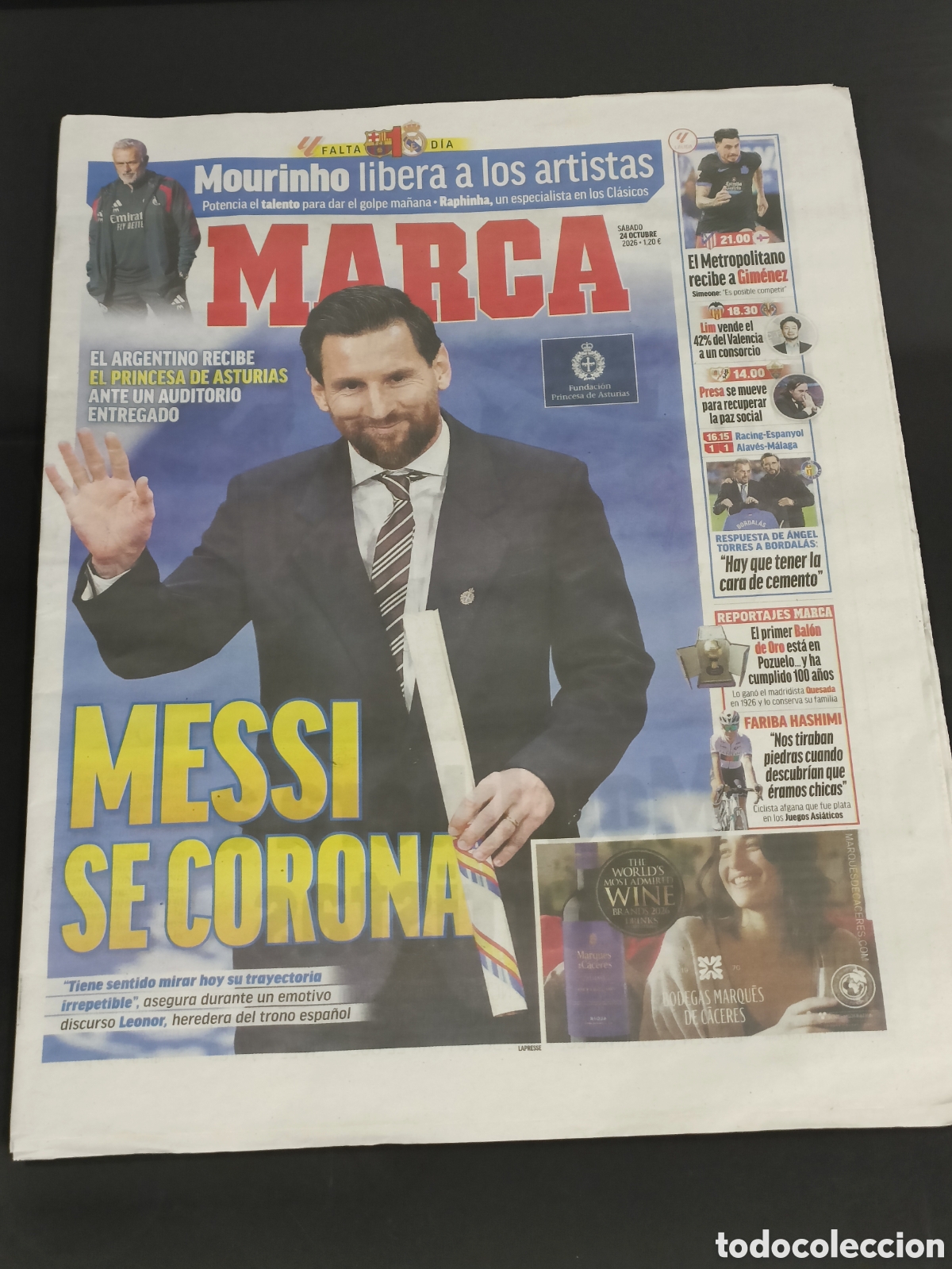 Coleccionismo deportivo: Peri&oacute;dico Hist&oacute;rico MARCA Messi premio princesa de Asturias 24 octubre 2026