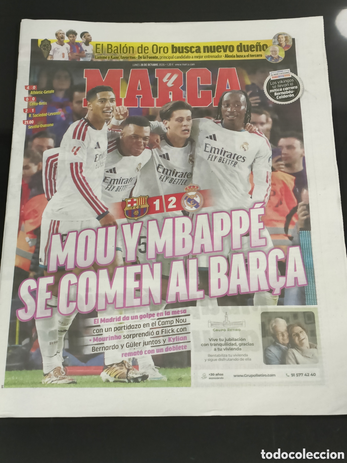 Coleccionismo deportivo: Peri&oacute;dico Hist&oacute;rico Marca Real Madrid VS Barcelona 26 Octubre 2026