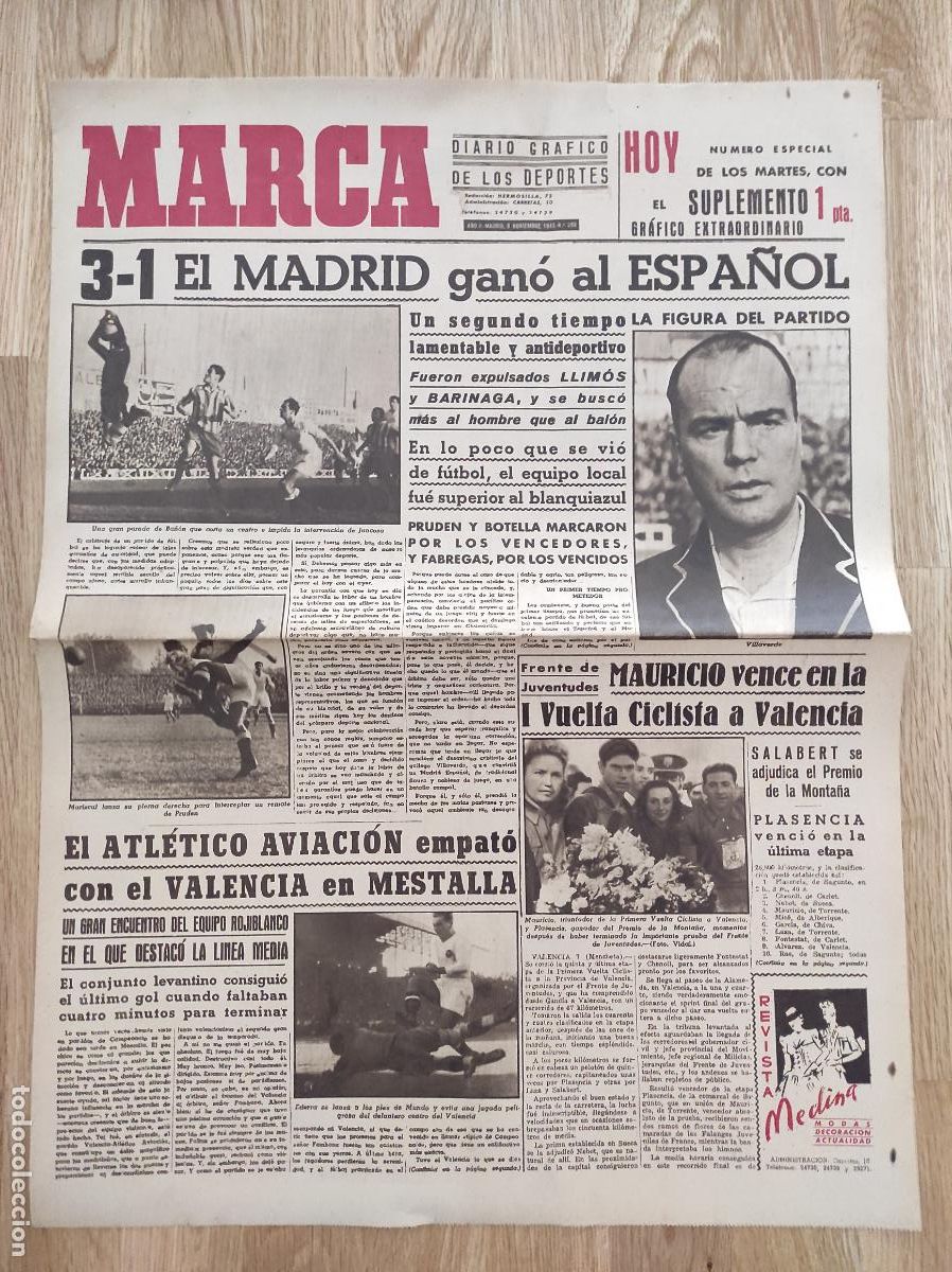 Coleccionismo deportivo: DIARIO MARCA 1943 LIGA 43 44 REAL MADRID ESPA&Ntilde;OL - I VUELTA CICLISTA VALENCIA - CD CASTELLON SEVILLA