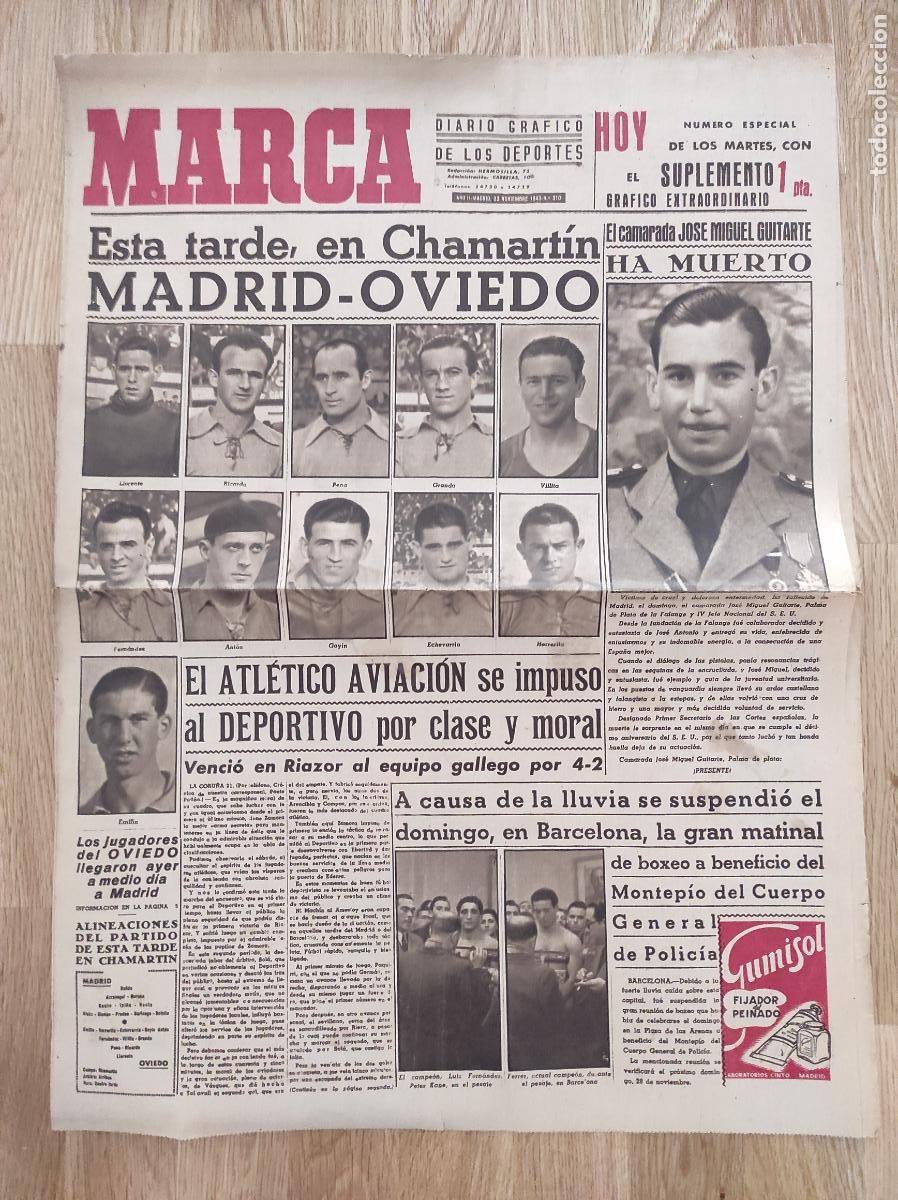 Coleccionismo deportivo: DIARIO MARCA 1943 LIGA 43 44 REAL MADRID OVIEDO - RC DEPORTIVO - VALENCIA SEVILLA SABADELL - HOCKEY
