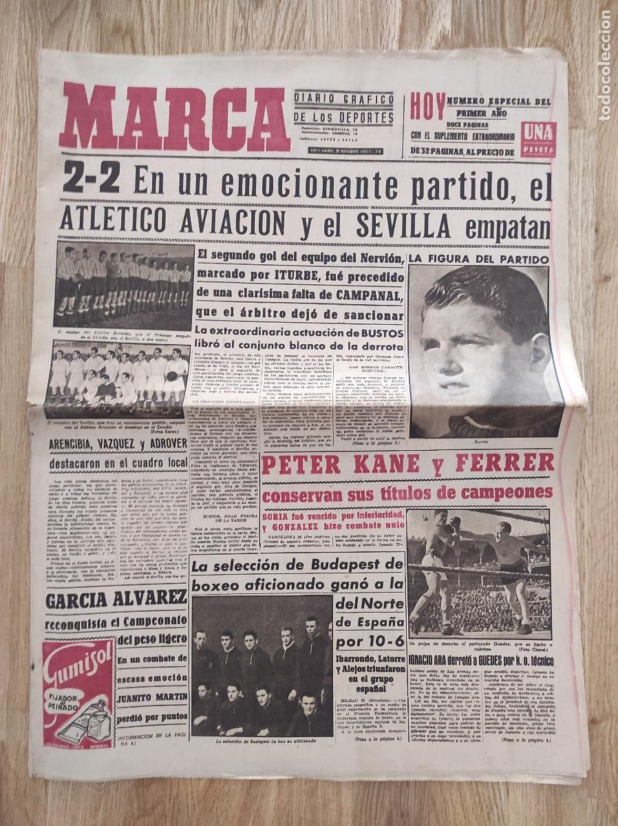 Coleccionismo deportivo: DIARIO MARCA 1943 LIGA 43 44 ATLETICO AVIACI&Oacute;N SEVILLA - REAL MADRID SABADELL - BERRENDERO CICLISMO